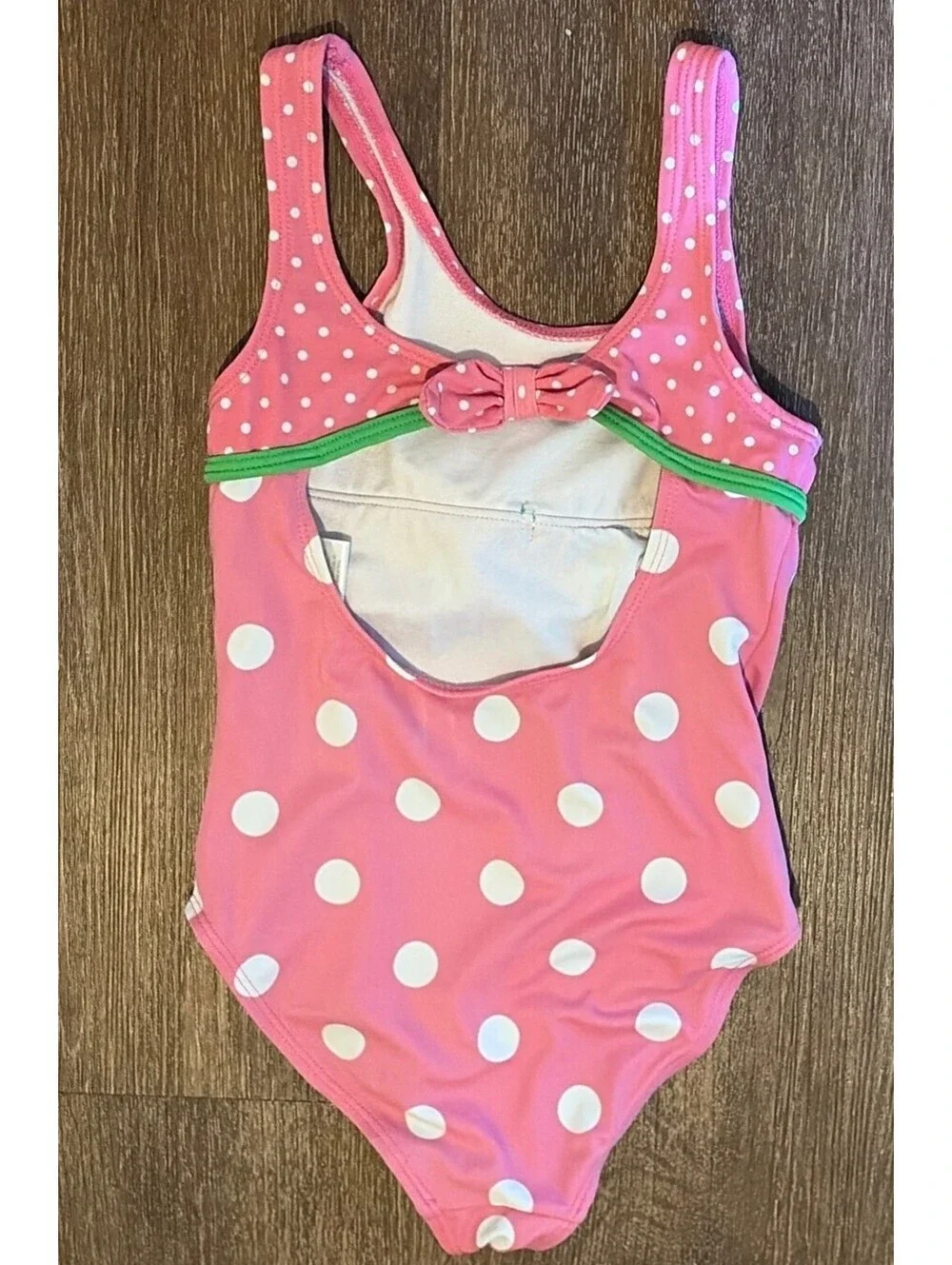 Gymboree Girls Size 6 Pink Strawberry Polka Dot One Piece Swimsuit Green Bow